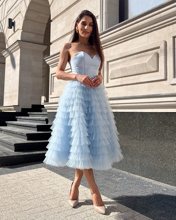 Blue midi dress with corset and tulle ruffles
