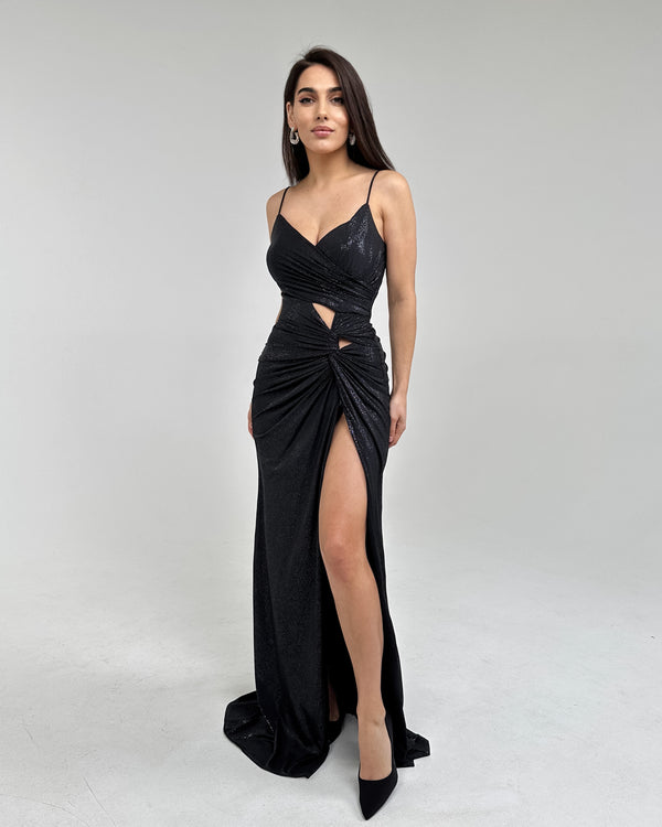 Elegant black dress with slit and neckline