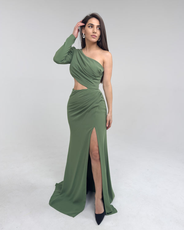 Long elegant green dress with one sleeve